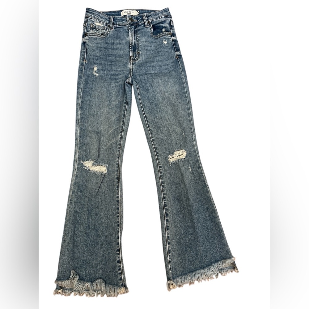 Hidden Jeans Los Angeles Distressed Flare Jeans Raw Hem High Rise 24 Y2K Boho